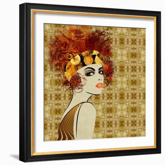 Art Colorful Sketching Beautiful Girl Face On Sepia Ornamental Background, In Art Deco Style-Irina QQQ-Framed Art Print
