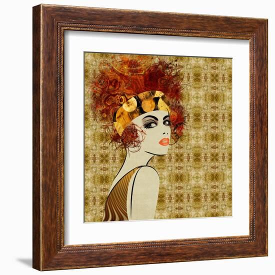 Art Colorful Sketching Beautiful Girl Face On Sepia Ornamental Background, In Art Deco Style-Irina QQQ-Framed Art Print