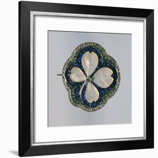 Art Deco Four-Leaf Clover Shaped Mother-Of-Pearl Brooch Set with Sapphires, Emeralds and Diamonds-null-Framed Giclee Print