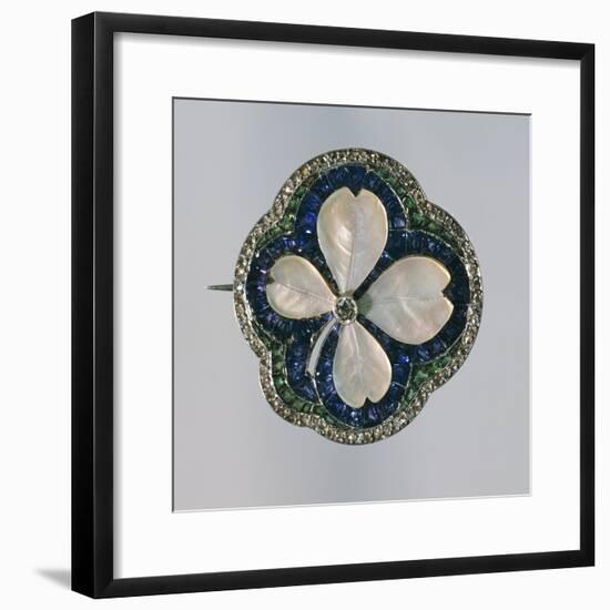 Art Deco Four-Leaf Clover Shaped Mother-Of-Pearl Brooch Set with Sapphires, Emeralds and Diamonds-null-Framed Giclee Print