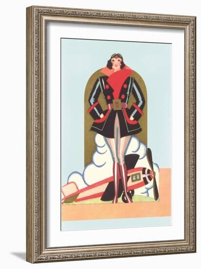 Art Deco Lady Pilot and Airplane-null-Framed Art Print