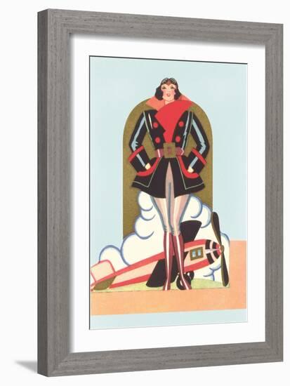 Art Deco Lady Pilot and Airplane-null-Framed Art Print