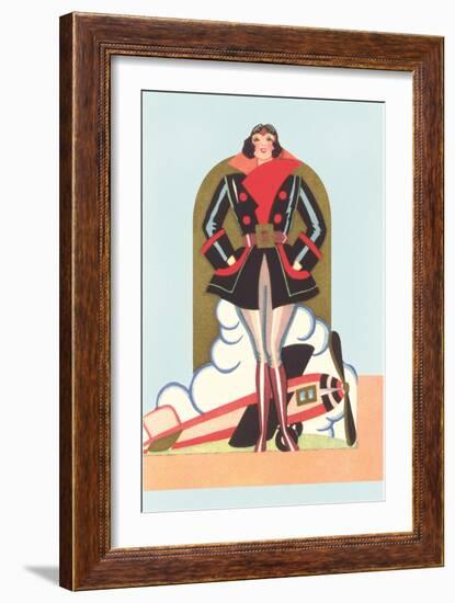 Art Deco Lady Pilot and Airplane-null-Framed Art Print