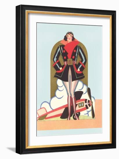 Art Deco Lady Pilot and Airplane-null-Framed Art Print