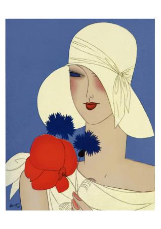 Art Deco Lady with a Large Red Flower Art Print by | Art.com