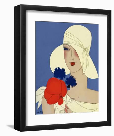 Art Deco Lady with a Large Red Flower-null-Framed Art Print