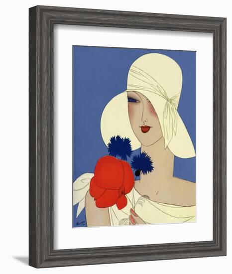 Art Deco Lady with a Large Red Flower-null-Framed Art Print