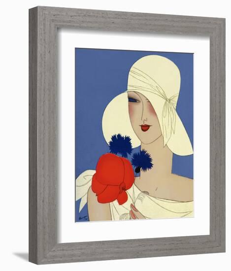 Art Deco Lady with a Large Red Flower-null-Framed Art Print