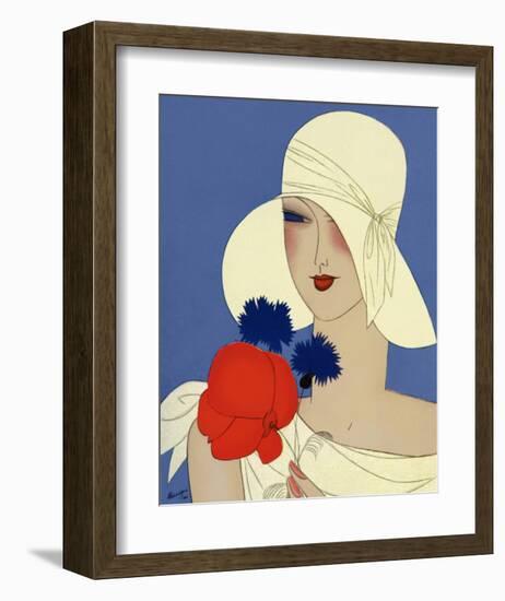 Art Deco Lady with a Large Red Flower-null-Framed Art Print