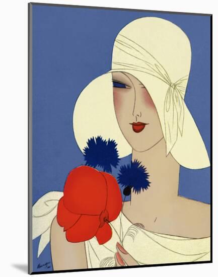 Art Deco Lady with a Large Red Flower-null-Mounted Art Print