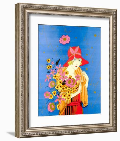 Art Deco Lady with Flowers-null-Framed Art Print