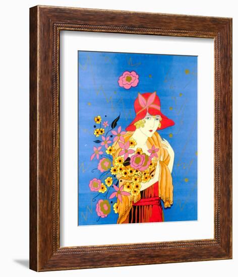 Art Deco Lady with Flowers--Framed Art Print