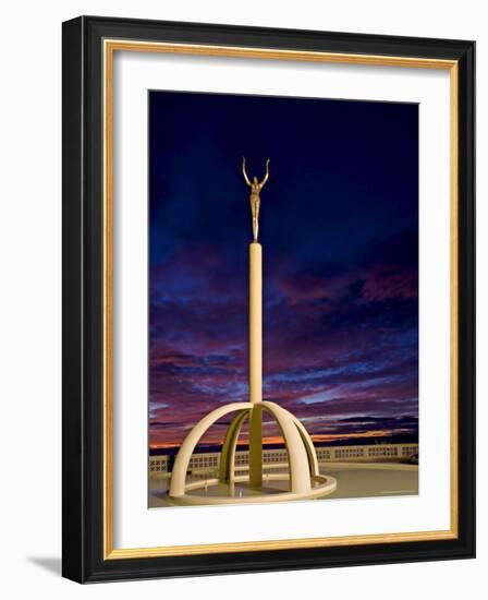 Art Deco Statue at Sunrise Over the Pacific Ocean, Napier, North Island, New Zealand-Don Smith-Framed Photographic Print