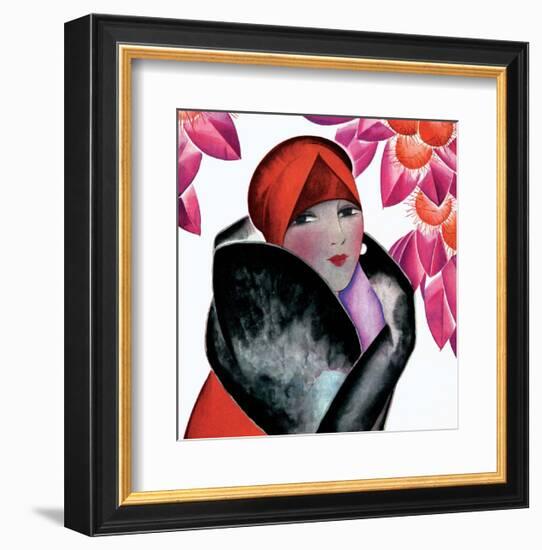 Art Deco Woman with Red Hat and Furs-Helen Dryden-Framed Art Print