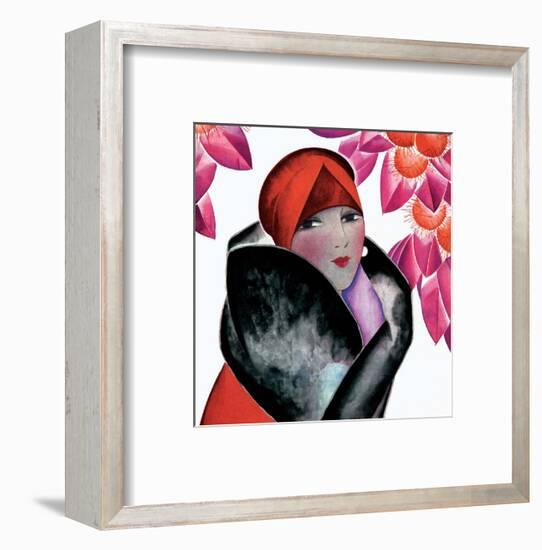 Art Deco Woman with Red Hat and Furs-Helen Dryden-Framed Art Print