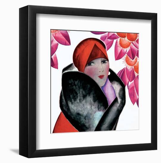 Art Deco Woman with Red Hat and Furs-Helen Dryden-Framed Art Print