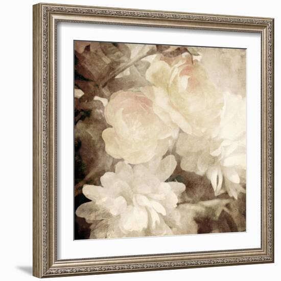 Art Floral Vintage Sepia Blurred Background with White Asters and Roses-Irina QQQ-Framed Art Print