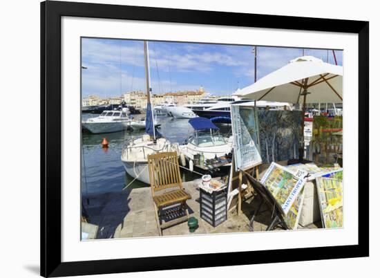 Art for sale by the harbour, Saint Tropez, Var, Cote d'Azur, Provence, France, Europe-Fraser Hall-Framed Photographic Print