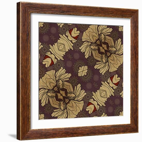 Art Nouveau Geometric Ornamental Vintage Pattern in Beige, Violet and Brown Colors-Irina QQQ-Framed Art Print