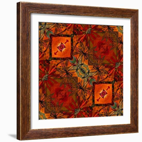 Art Nouveau Geometric Ornamental Vintage Pattern in Orange, Green and Red Colors-Irina QQQ-Framed Art Print