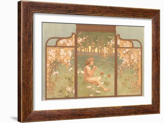 Art Nouveau Screen with Faun Playing Pipes-null-Framed Art Print