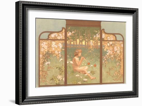 Art Nouveau Screen with Faun Playing Pipes-null-Framed Art Print