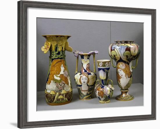 Art Nouveau Vases Decorated with Female Figures and Stylized Plant Motifs, Majolica, Italy-null-Framed Giclee Print