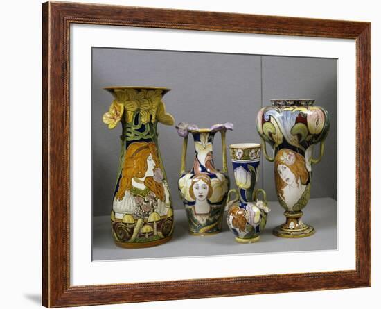 Art Nouveau Vases Decorated with Female Figures and Stylized Plant Motifs, Majolica, Italy-null-Framed Giclee Print