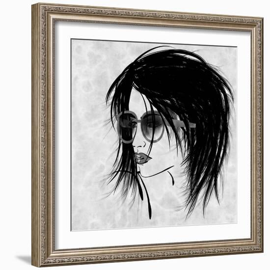 Art Sketched Beautiful Girl Face In Profile And Eyeglass In Black Graphic On White Background-Irina QQQ-Framed Art Print