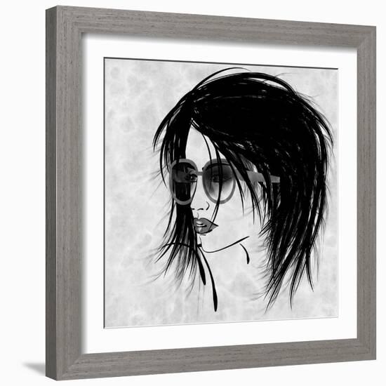 Art Sketched Beautiful Girl Face In Profile And Eyeglass In Black Graphic On White Background-Irina QQQ-Framed Art Print