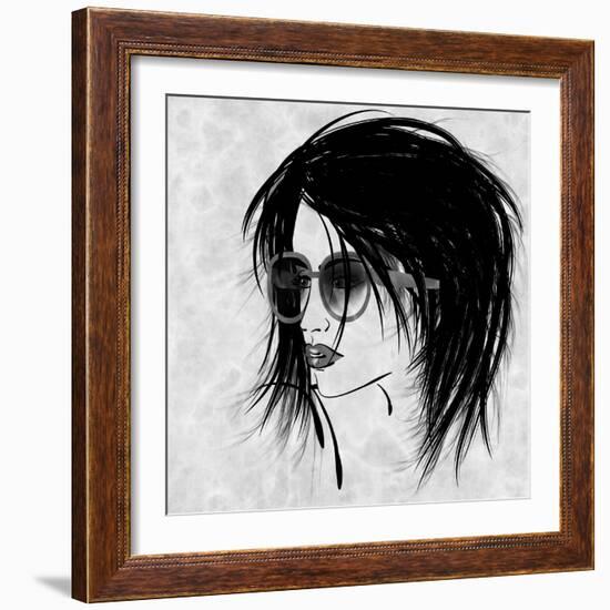 Art Sketched Beautiful Girl Face In Profile And Eyeglass In Black Graphic On White Background-Irina QQQ-Framed Art Print