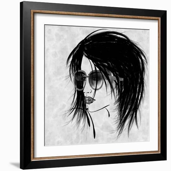 Art Sketched Beautiful Girl Face In Profile And Eyeglass In Black Graphic On White Background-Irina QQQ-Framed Art Print