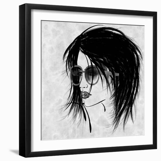 Art Sketched Beautiful Girl Face In Profile And Eyeglass In Black Graphic On White Background-Irina QQQ-Framed Art Print