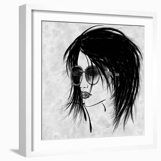 Art Sketched Beautiful Girl Face In Profile And Eyeglass In Black Graphic On White Background-Irina QQQ-Framed Art Print