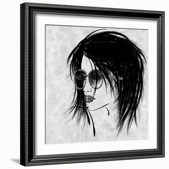 Art Sketched Beautiful Girl Face In Profile And Eyeglass In Black Graphic On White Background-Irina QQQ-Framed Art Print