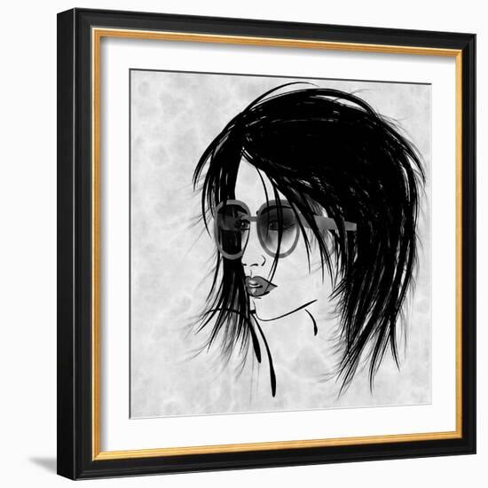 Art Sketched Beautiful Girl Face In Profile And Eyeglass In Black Graphic On White Background-Irina QQQ-Framed Art Print