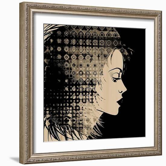 Art Sketched Beautiful Girl Face In Profile With Geometric Ornament Hair On Black Background-Irina QQQ-Framed Art Print