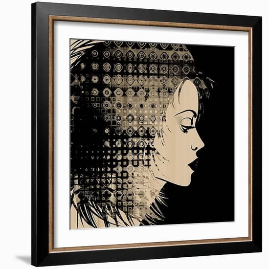 Art Sketched Beautiful Girl Face In Profile With Geometric Ornament Hair On Black Background-Irina QQQ-Framed Art Print