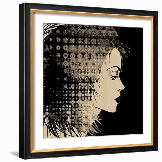 Art Sketched Beautiful Girl Face In Profile With Geometric Ornament Hair On Black Background-Irina QQQ-Framed Art Print