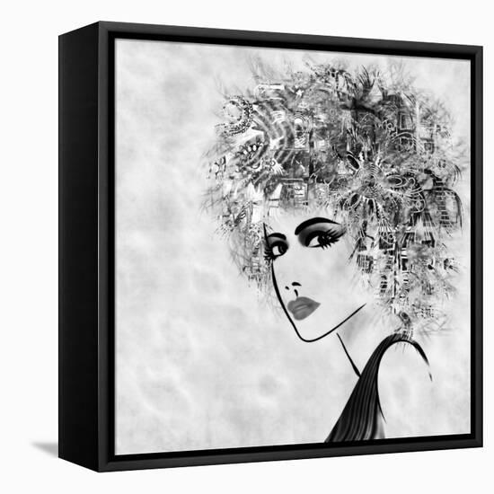 Art Sketched Beautiful Girl Face With Curly Hair And In Profile In Black Graphic-Irina QQQ-Framed Stretched Canvas