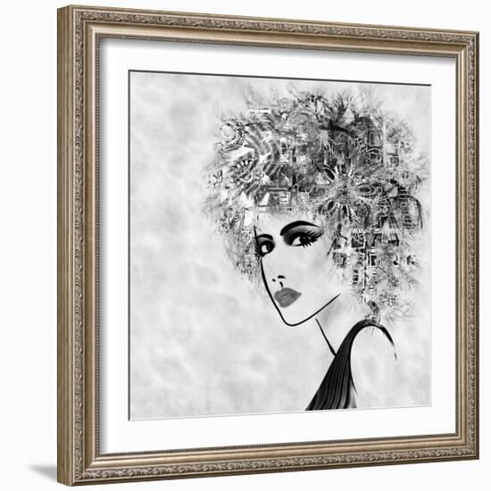 Art Sketched Beautiful Girl Face With Curly Hair And In Profile In Black Graphic-Irina QQQ-Framed Art Print