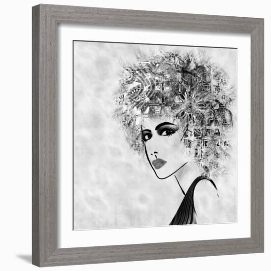 Art Sketched Beautiful Girl Face With Curly Hair And In Profile In Black Graphic-Irina QQQ-Framed Art Print