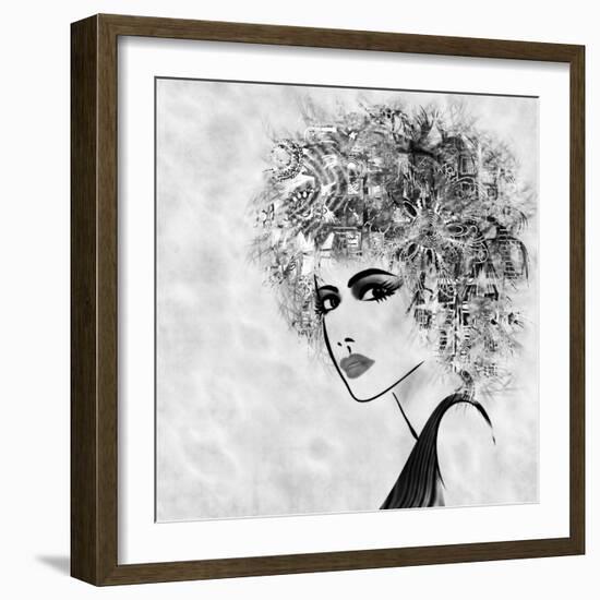 Art Sketched Beautiful Girl Face With Curly Hair And In Profile In Black Graphic-Irina QQQ-Framed Art Print