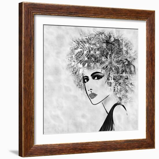 Art Sketched Beautiful Girl Face With Curly Hair And In Profile In Black Graphic-Irina QQQ-Framed Art Print