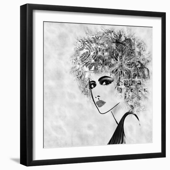 Art Sketched Beautiful Girl Face With Curly Hair And In Profile In Black Graphic-Irina QQQ-Framed Art Print