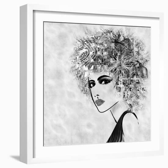 Art Sketched Beautiful Girl Face With Curly Hair And In Profile In Black Graphic-Irina QQQ-Framed Art Print