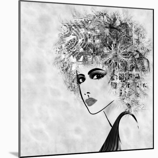 Art Sketched Beautiful Girl Face With Curly Hair And In Profile In Black Graphic-Irina QQQ-Mounted Art Print