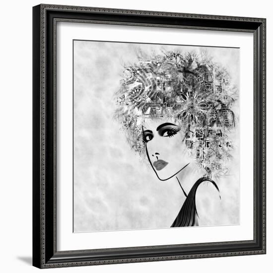 Art Sketched Beautiful Girl Face With Curly Hair And In Profile In Black Graphic-Irina QQQ-Framed Art Print