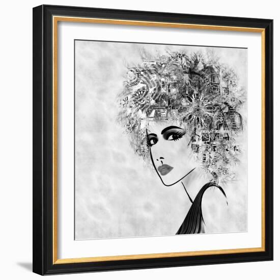 Art Sketched Beautiful Girl Face With Curly Hair And In Profile In Black Graphic-Irina QQQ-Framed Art Print