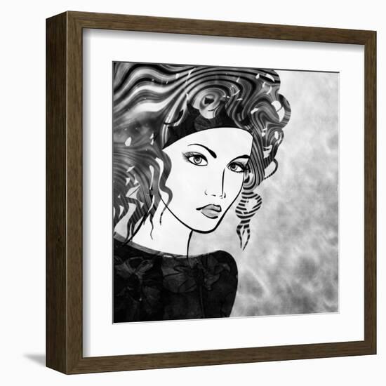 Art Sketched Beautiful Girl Face With Curly Hairs In Black Graphic On White Background-Irina QQQ-Framed Art Print